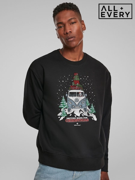 All + Every Blue Mens Official Volkswagen Christmas Camper White Text Sweatshirt (AY0843) | £35