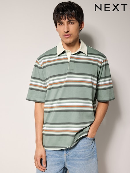 Green Short Sleeve Stripe Rugby 100% Cotton Shirt (AY0862) | £28