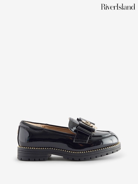 River Island Black Girls Patent Bow Loafers (AY1225) | £25
