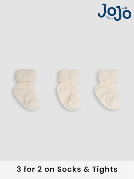 JoJo Maman Bébé Ecru Cream 3-Pack Ribbed Baby Socks (AY1343) | £9.50