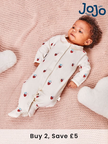 JoJo Maman Bébé Cream 100% Organic Cotton Strawberry Embroidered Sleepsuit (AY1372) | £21