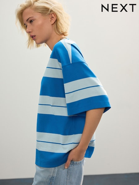 Blue/Light Blue Oversized Relaxed Fit Boxy Heavyweight Crew Neck T-Shirt (AY1425) | £14