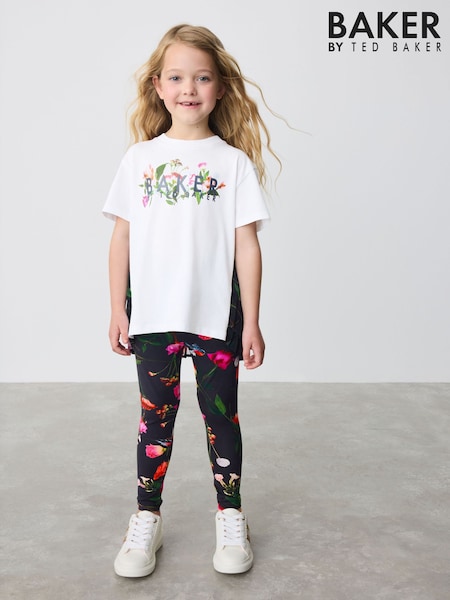 Baker by Ted Baker Navy Pleated Back Floral Print T-Shirt and Leggings Set 2 Piece (AY1458) | £33 - £38