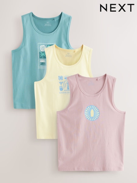 Blue/Pink/Yellow Graphic Print 100% Cotton Vests 3 Pack (AY1541) | £38