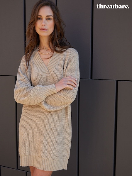 Threadbare Natural V-Neck Knitted Jumper Dress (AY1604) | £34