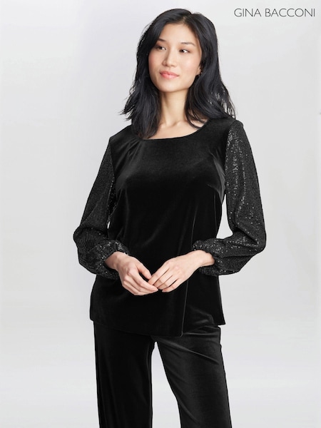 Gina Bacconi Ines Velvet Black Blouse With Illusion Bubble Sleeves (AY1615) | £150
