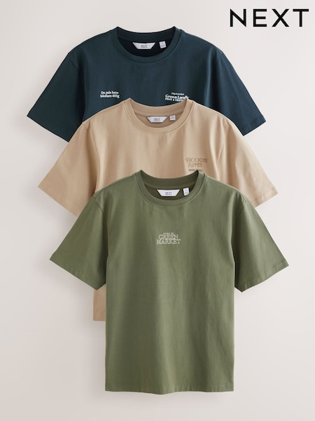 Blue/Green/Neutral Stone Regular Fit Graphic 100% Cotton T-Shirts 3 Pack (AY1744) | £50