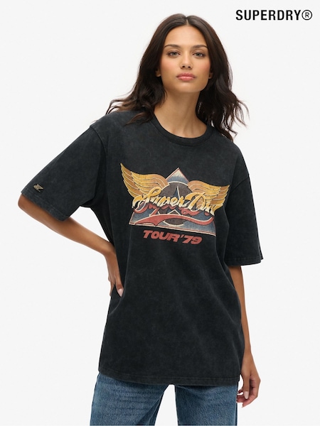 Superdry Black Oversized 70s Rock Graphic Band 100% Cotton T-Shirt (AY1840) | £30