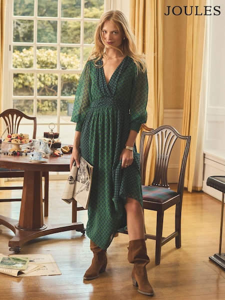 Joules Allegra Green Ruched Hotchpotch Wrap Dress (AY1971) | £79