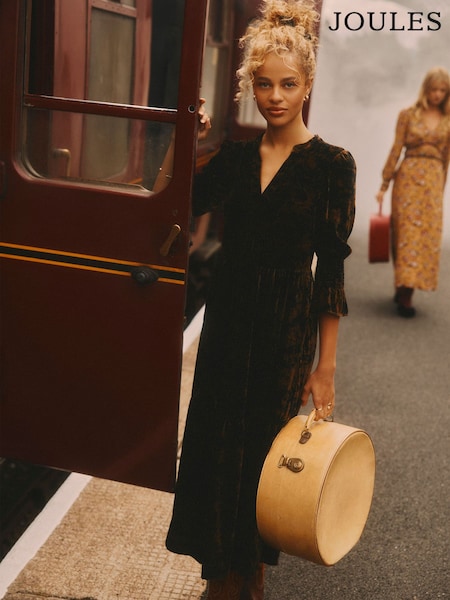 Joules Rosalind Black Toile Velvet V-Neck Dress (AY1979) | £89