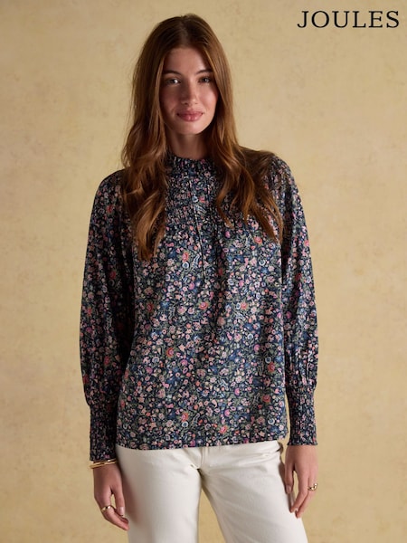 Joules Silvia Multi Long Sleeved Frill Neck Smocked Blouse (AY1998) | £49