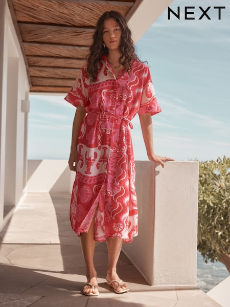 Pink Shell Print Short Sleeve Tie Waist Midi Dress with Linen (AY2132) | £36