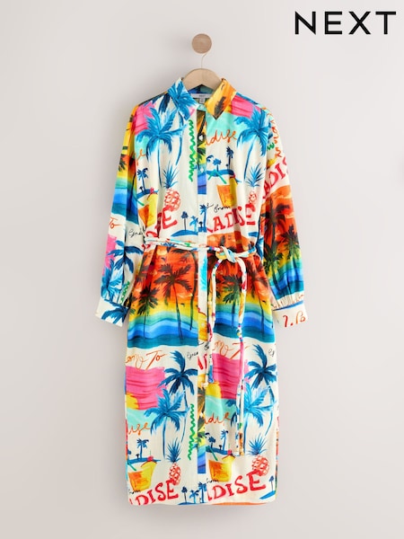 Bright Palm Graphic Print Long Sleeve Tie Waist 100% Cotton Shirt Dress (AY2136) | £49