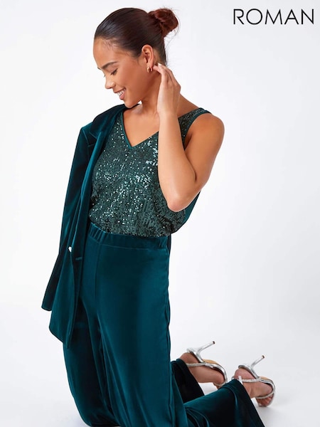 Roman Green Petite Wide Leg Velvet Stretch Trousers (AY2222) | £45