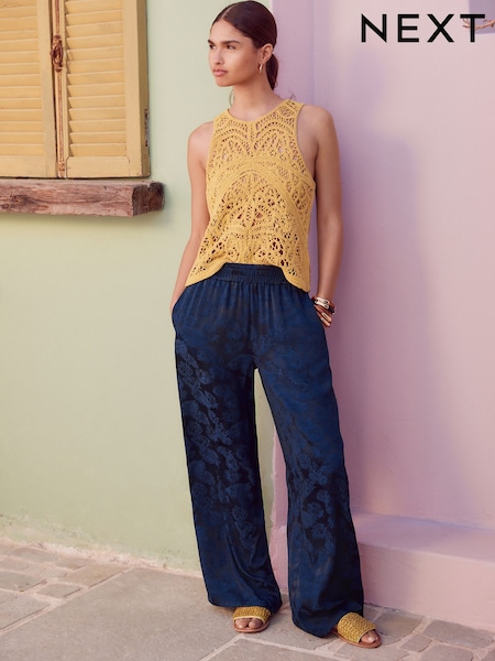 Navy Satin Jacquard Wide Leg Trousers (AY2316) | £40