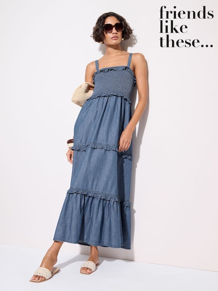 Friends Like These Rinse Blue Chambray Tiered 100% Cotton Midi Dress (AY2460) | £49