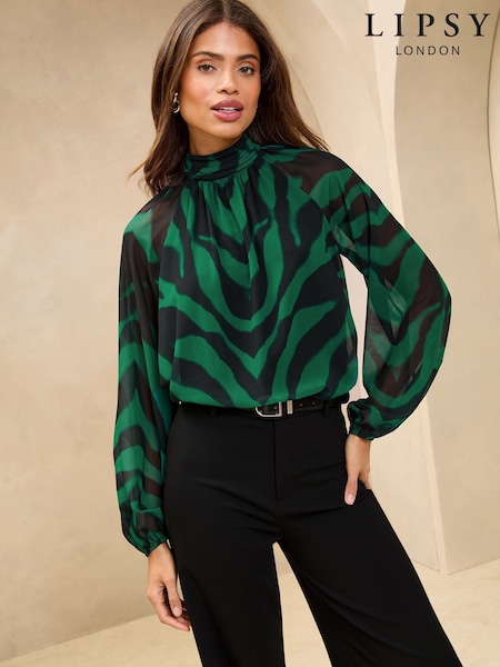 Lipsy Green Print High Neck Blouson Blouse (AY2481) | £31