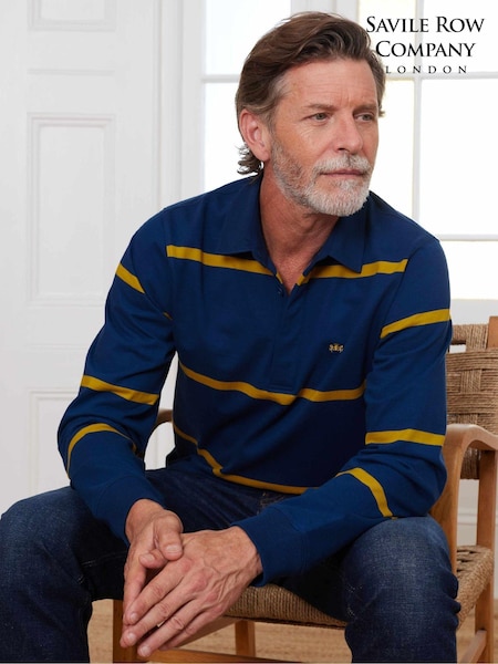 The Savile Row Company Blue Navy Gold Stripe Heavyweight 100% Cotton Jersey Rugby Shirt (AY2513) | £65