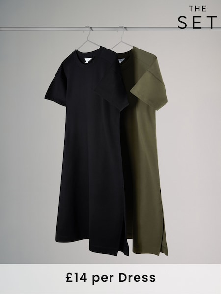 The Set Khaki Green/Brown Crew Neck Loopback 100% Cotton Sweat Dress 2 Pack (AY2543) | £28