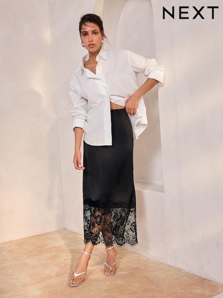 Black Satin Midi Skirt With Lace Trim (AY2592) | £35
