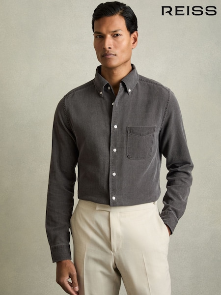 Reiss Washed Black Kittle Denim Piqué Button-Through Shirt (AY2690) | £120