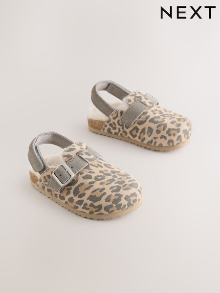 Tan Animal Leather Faux Fur Lined Clog Shoes (AY2783) | £20 - £22