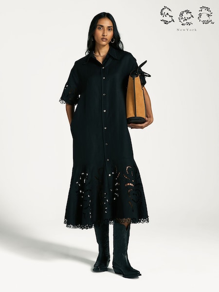 Sea New York Black Marja Embroidery Shirt Dress (AY2868) | £213