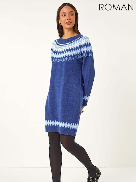 Roman Blue Soft Knit Fairisle Pattern Jumper Dress (AY3070) | £48