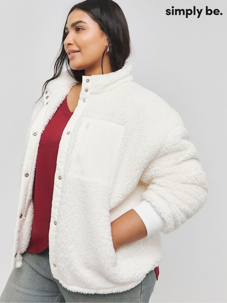 Simply Be Cream Sherpa Zip Through Bomber Jacket With Nylon Pocket (AY3181) | £32