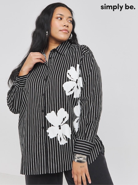 Simply Be Black Placement Print Oversized Stripe 100% Cotton Shirt (AY3186) | £32