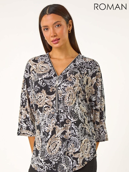 Roman Natural Abstract Print Zip Top (AY3286) | £38