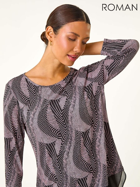 Roman Pink Printed Chiffon Hem Top (AY3298) | £32