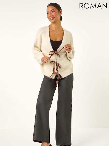 Roman White Leopard Print Tie Front V-Neck Cardigan (AY3306) | £40