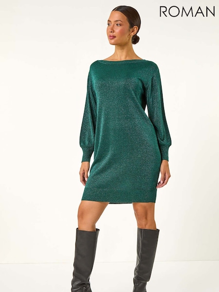 Roman Green Shimmer Slash Neck Jumper Dress (AY3308) | £45