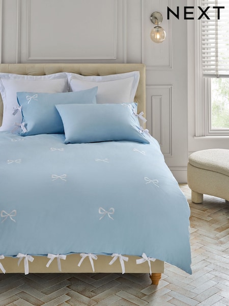 Blue/White Bow Embroidered Duvet Cover and Pillowcase Set (AY3316) | £35 - £65