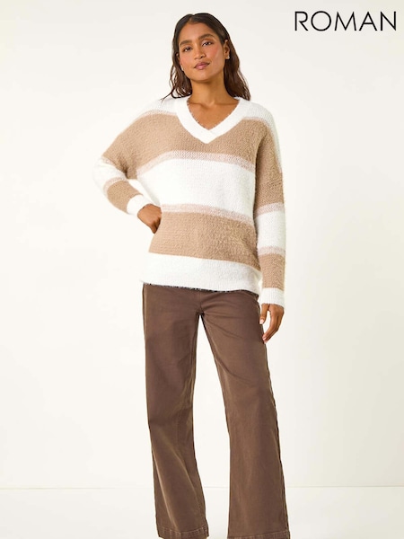 Roman Brown V-Neck Stripe Knit Jumper (AY3336) | £35