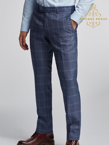 Antique Rogue Blue Windowpane Check Trousers (AY3355) | £64