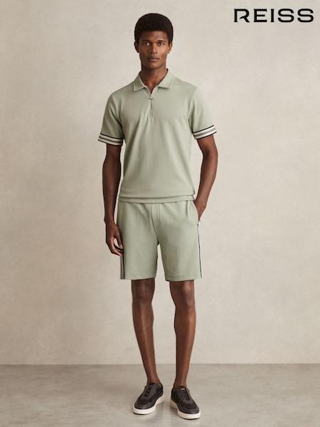 Reiss Sage Green Bristol Textured Contrast Trim Half-Zip Polo Shirt (AY3381) | £78