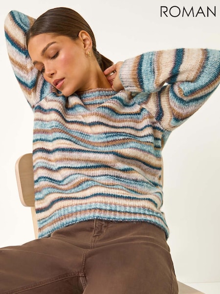 Roman Blue Fluffy Striped Stretch Knit Jumper (AY3392) | £40