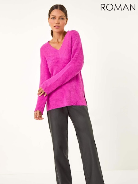 Roman Pink Plain V-Neck Fluffy Knit Jumper (AY3402) | £35