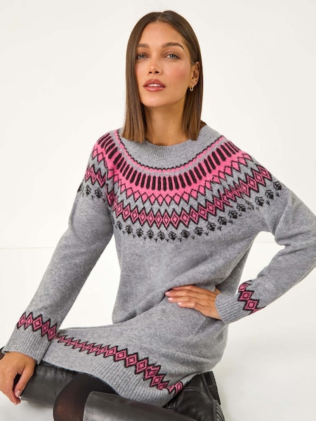 Roman Pink Soft Knit Fairisle Pattern Jumper Dress (AY3404) | £48