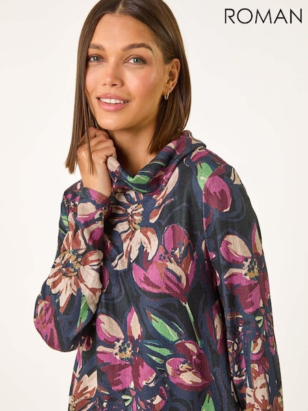 Roman Purple Floral Printed Roll Neck Top (AY3412) | £40