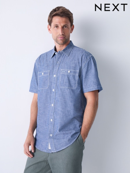 Blue Chambray Denim Short Sleeve 100% Cotton Shirt (AY3429) | £0