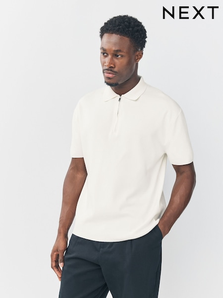 Ecru White Quarter Zip Relaxed Fit Premium Short Sleeve Knit Polo Shirt (AY3439) | £0