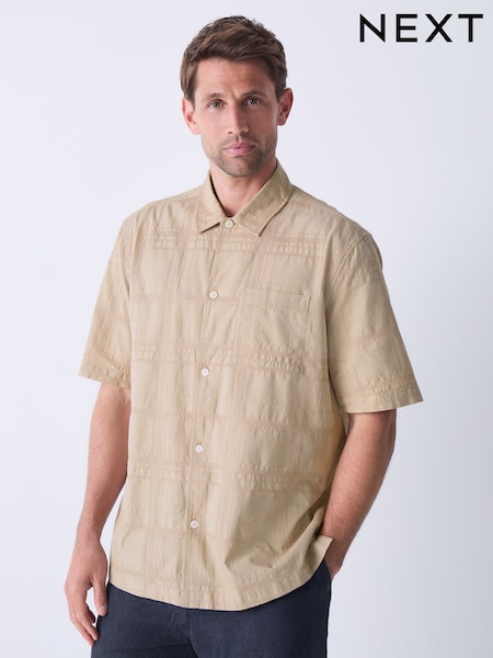 Stone 100% Cotton Textured Check Short Sleeve Shirt (AY3444) | £32