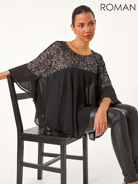 Roman Black Sequin Yoke Frilled Tunic Top (AY3459) | £45