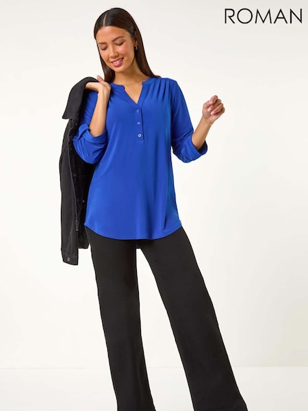 Roman Blue V-Neck Button Detail Stretch Shirt (AY3463) | £32