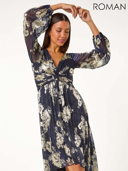 Roman Metallic Foil Print Twist Front V-Neck Plisse Dress (AY3471) | £75