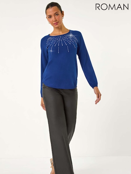 Roman Blue Sunray Embellished Crew Neck Knit Jumper (AY3481) | £40