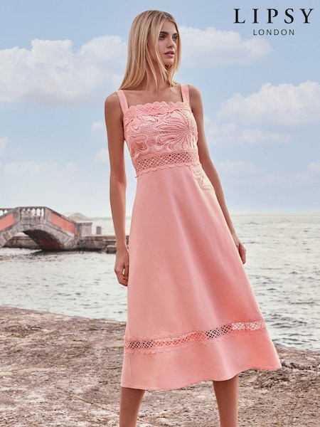 Lipsy Apricot Premium Linen Look Embroidered Prom Midi Dress (AY3490) | £130